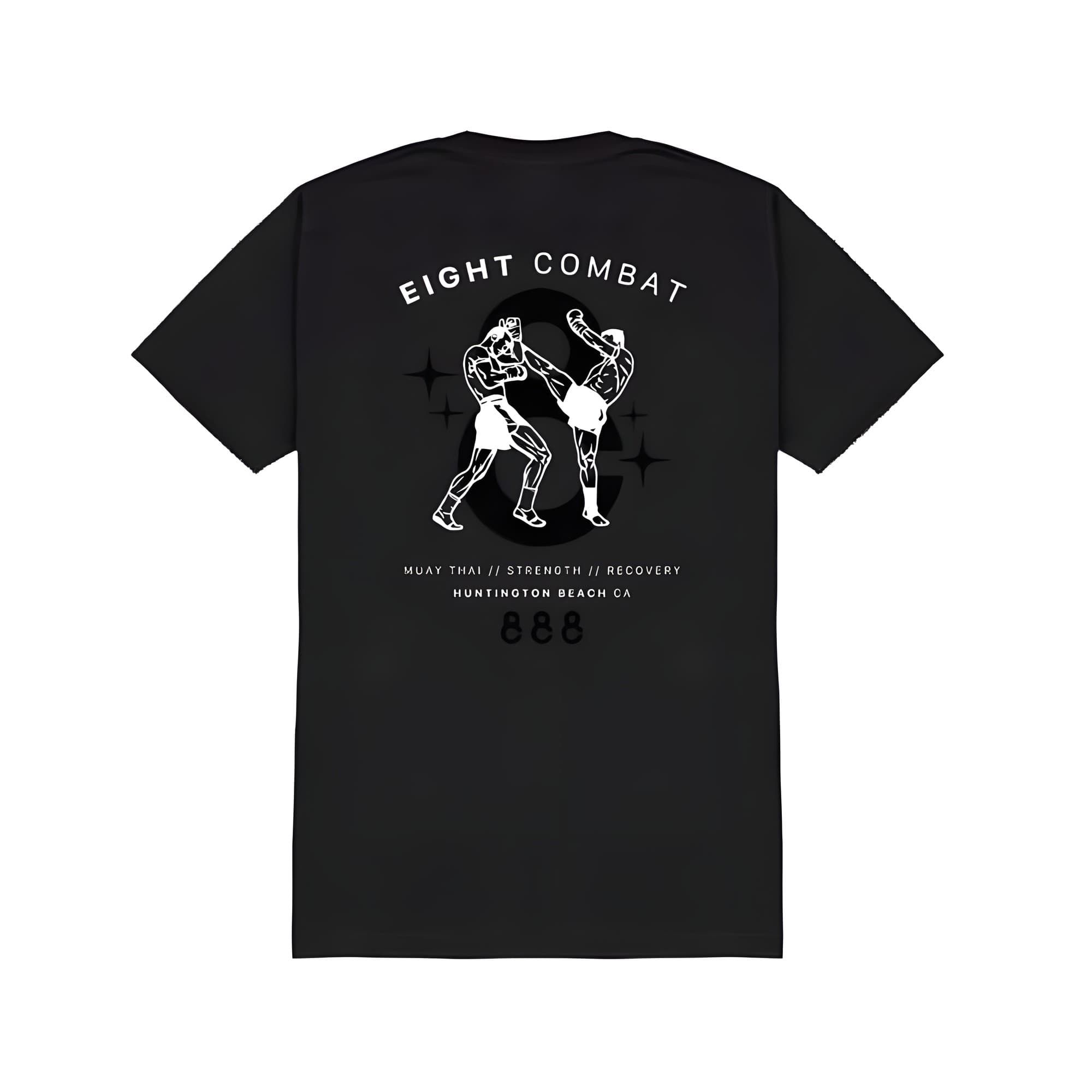 Black Eight Combat tee, back: two Muay Thai fighters over the 8, with Muay Thai, Strength, Recovery and Huntington Beach CA beneath