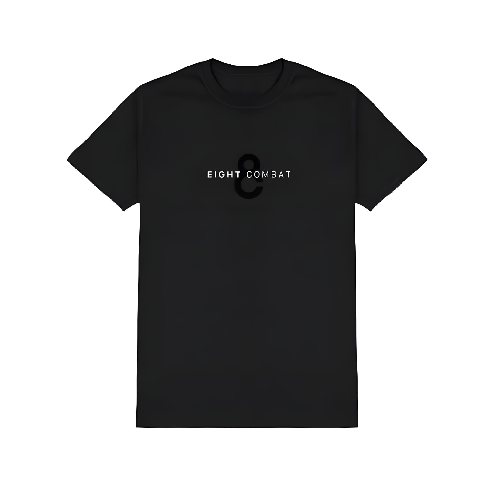 Black Eight Combat tee, front: small Eight Combat wordmark over a tonal 8 on the chest