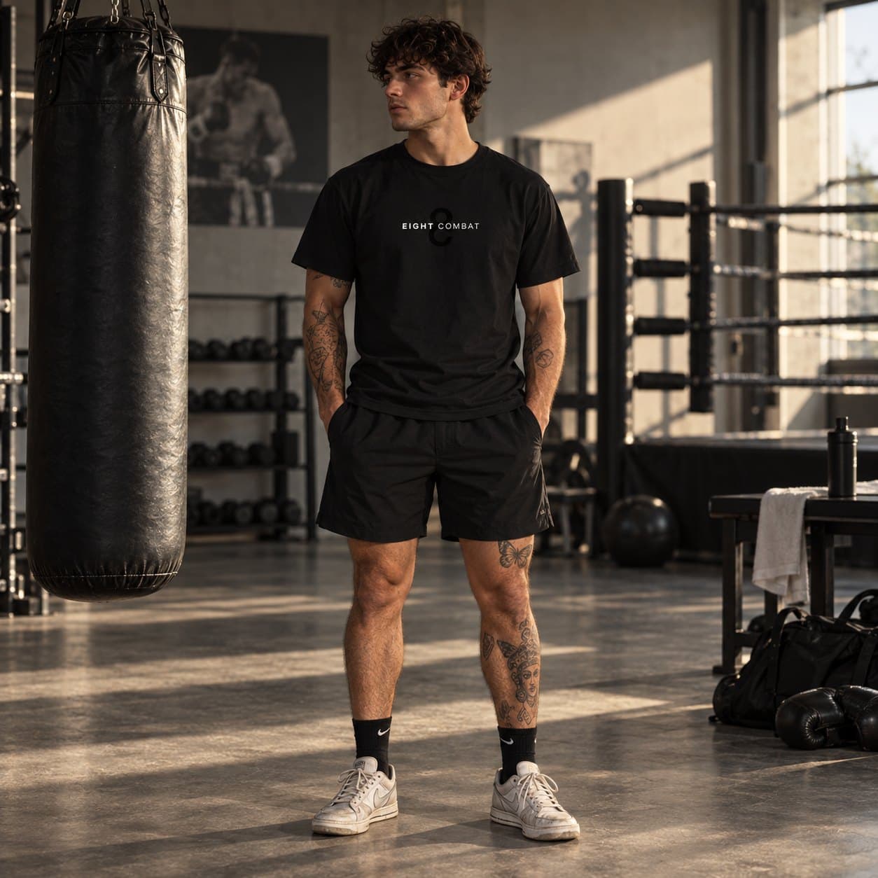 The black tee worn on the gym floor beside a heavy bag, hands in pockets