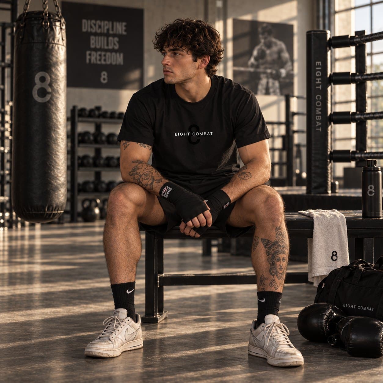 The black Eight Combat tee worn on a bench in the gym, gloves on the floor