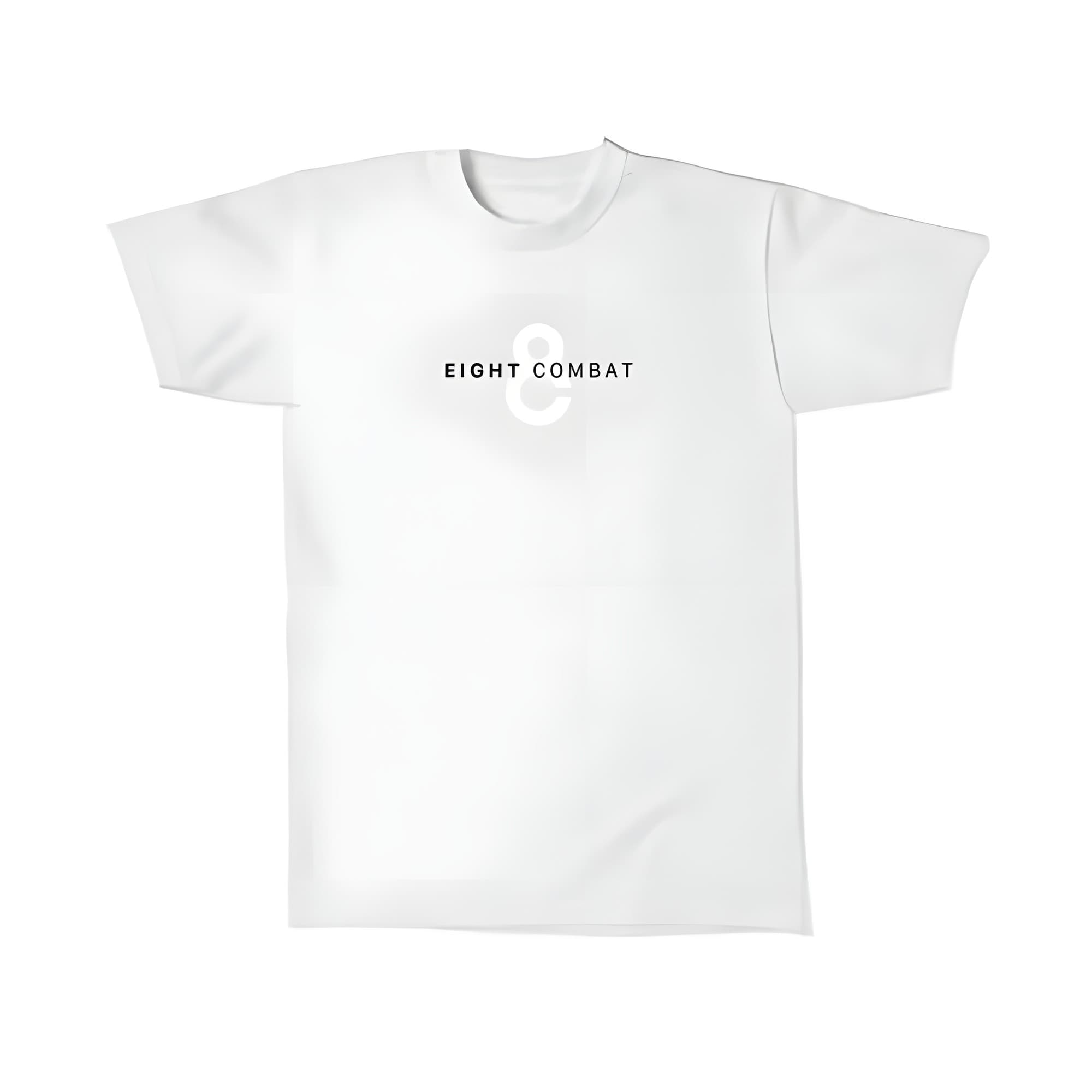 White Eight Combat tee, front: small Eight Combat wordmark over a white 8 on the chest