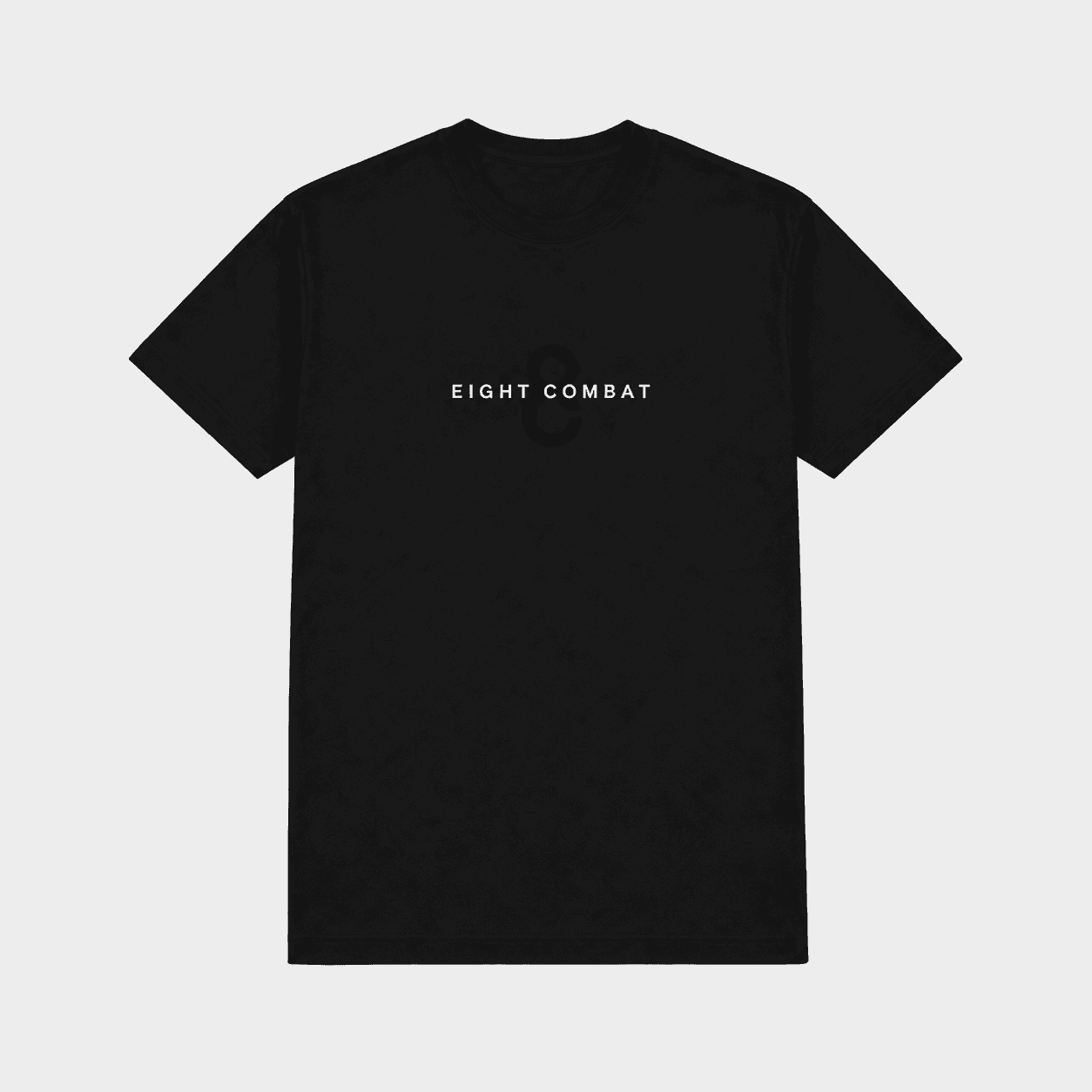 Black Eight Combat tee, front: small Eight Combat wordmark over a tonal 8 on the chest