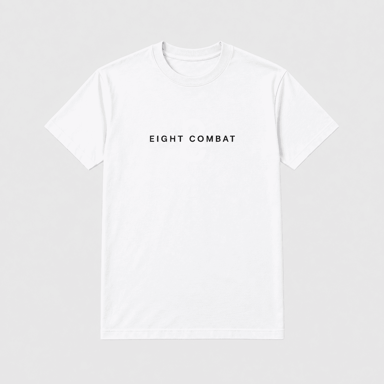 White Eight Combat tee, front: small Eight Combat wordmark over a white 8 on the chest